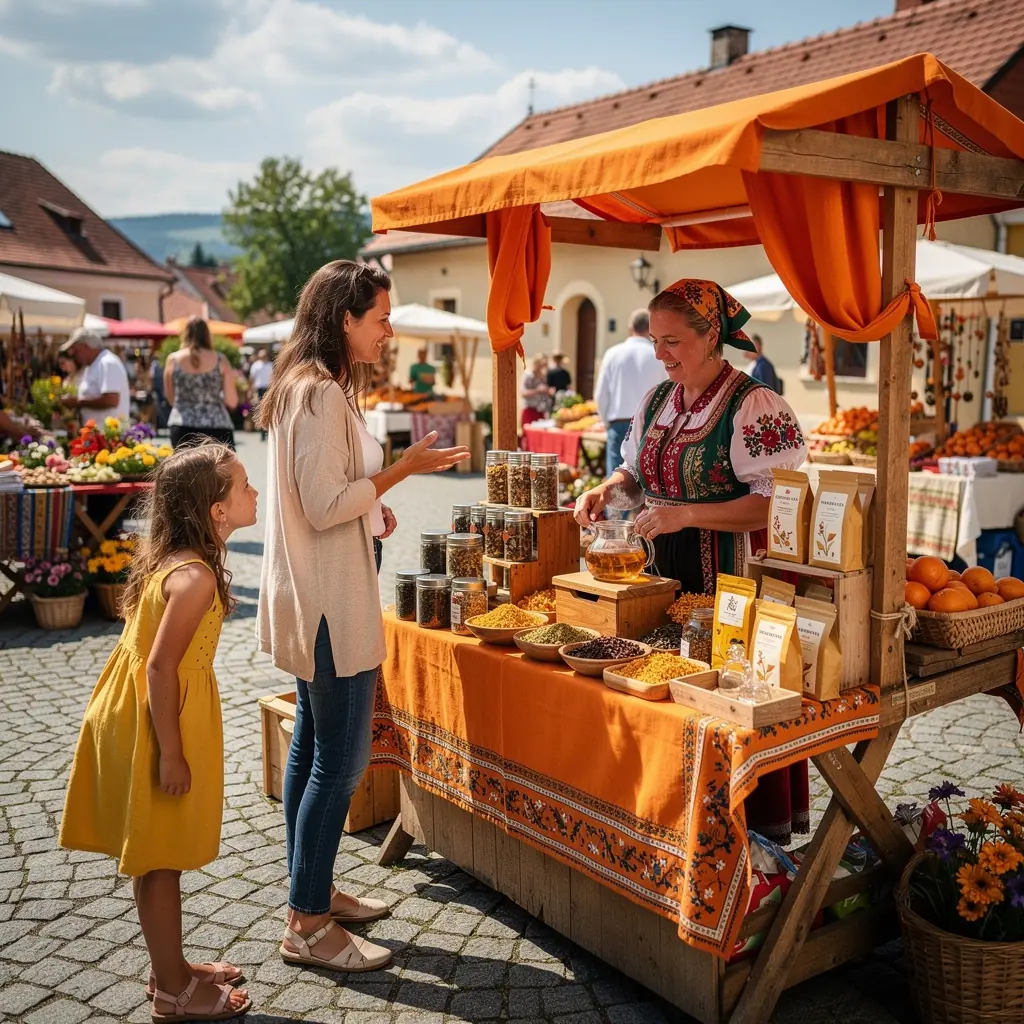 Záber na čajovú súpravu s pomarančovými kvetmi a dekoratívnymi listami.